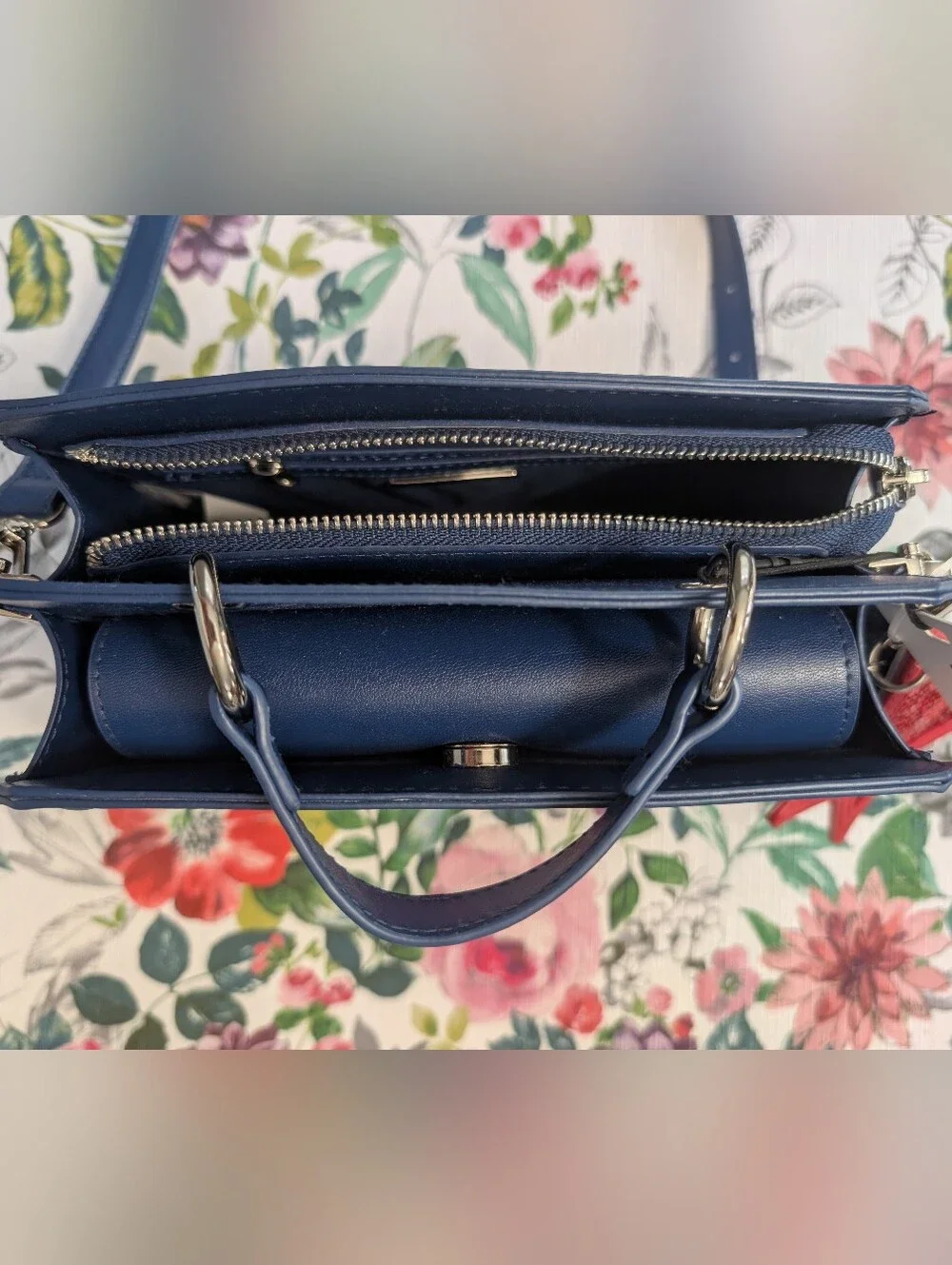 Steve Madden Navy, White & Red Striped Top-Handle Satchel with Red Star Charm